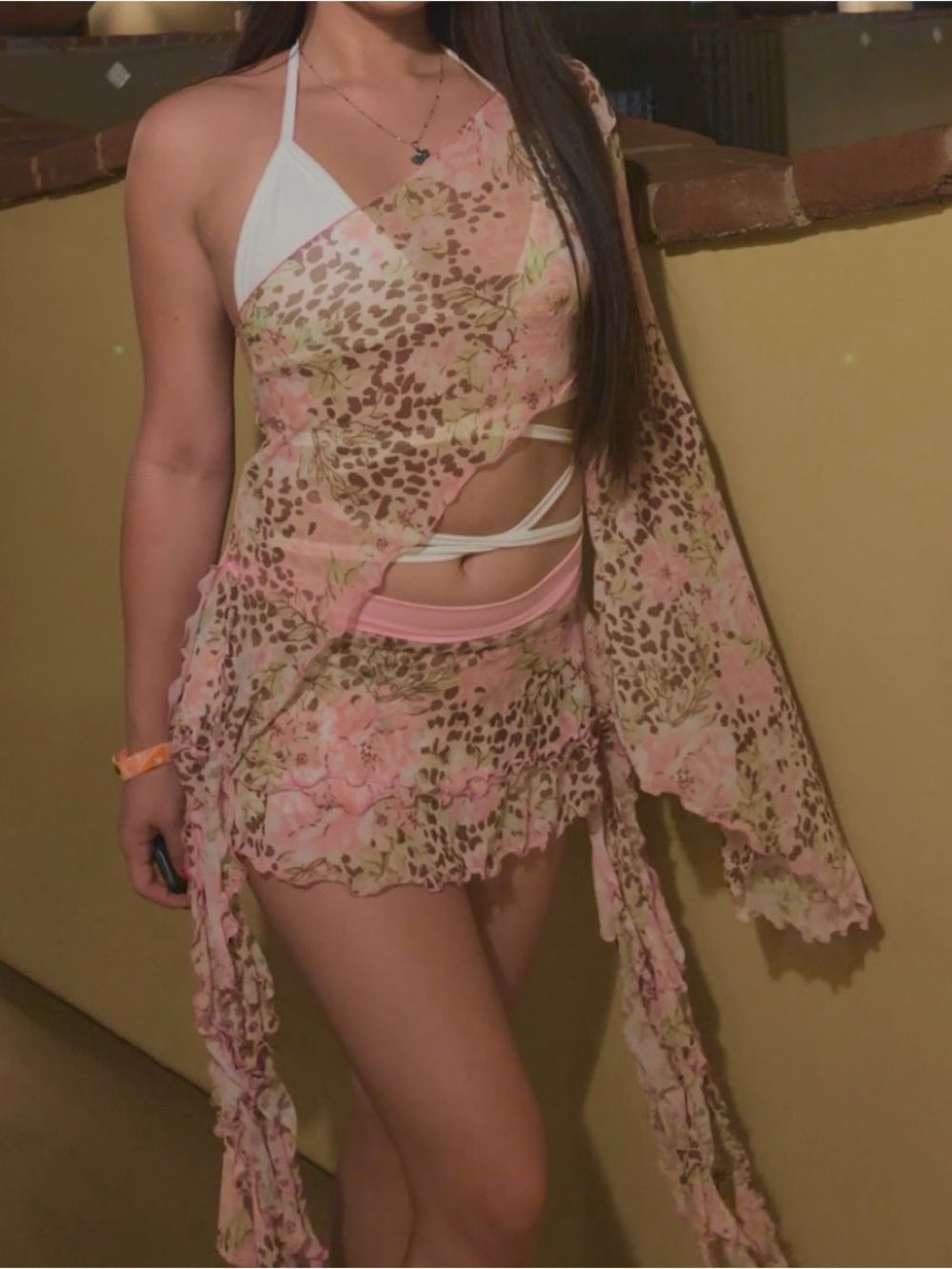 Ravetildawn Xia Set Small, Pink Leopard Floral Mesh, Skirt Long Sleeve Crop